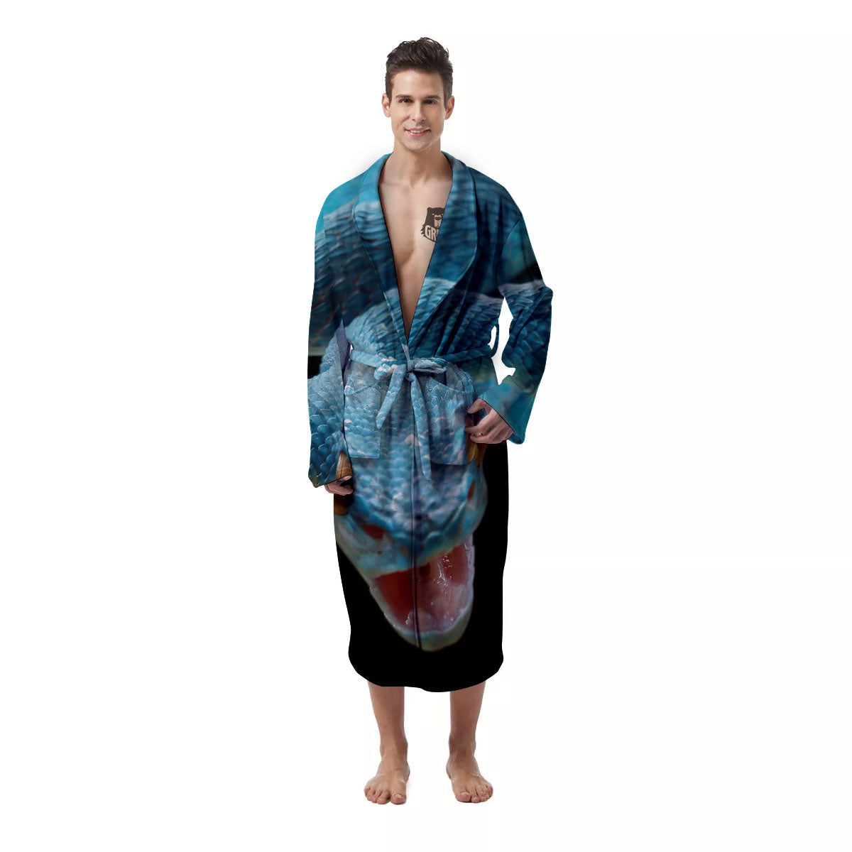 Blue Scary Viper Snake Print Men's Robe-grizzshop