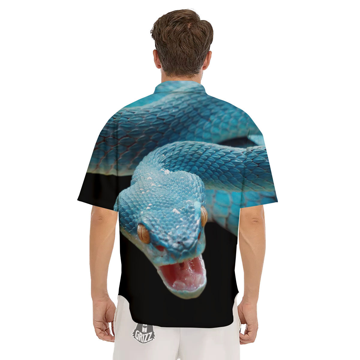 Blue Scary Viper Snake Print Men's Short Sleeve Shirts-grizzshop