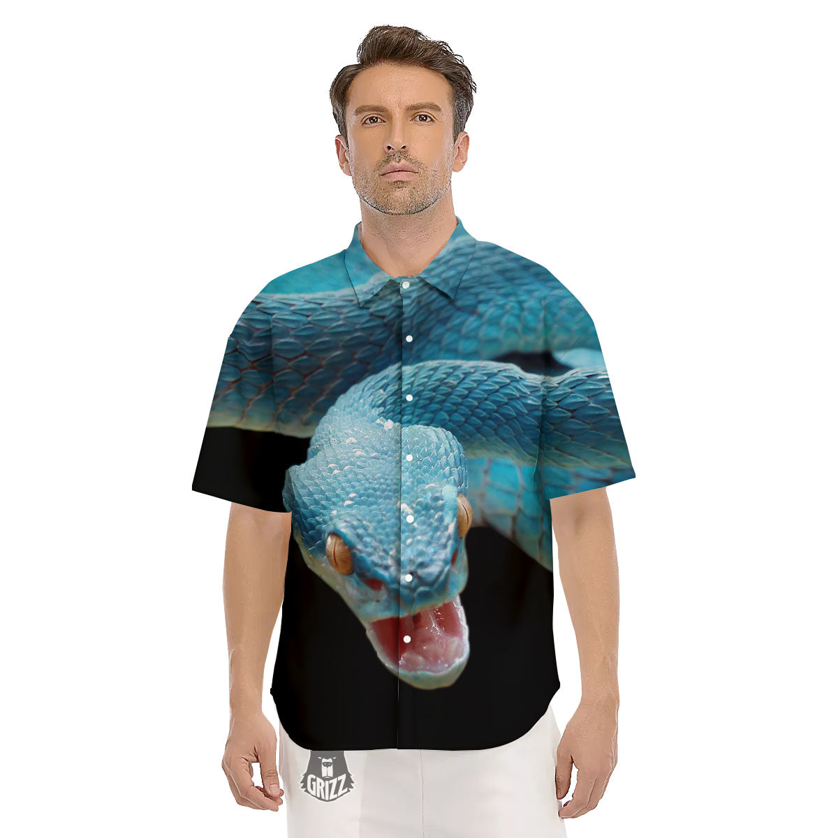 Blue Scary Viper Snake Print Men's Short Sleeve Shirts-grizzshop