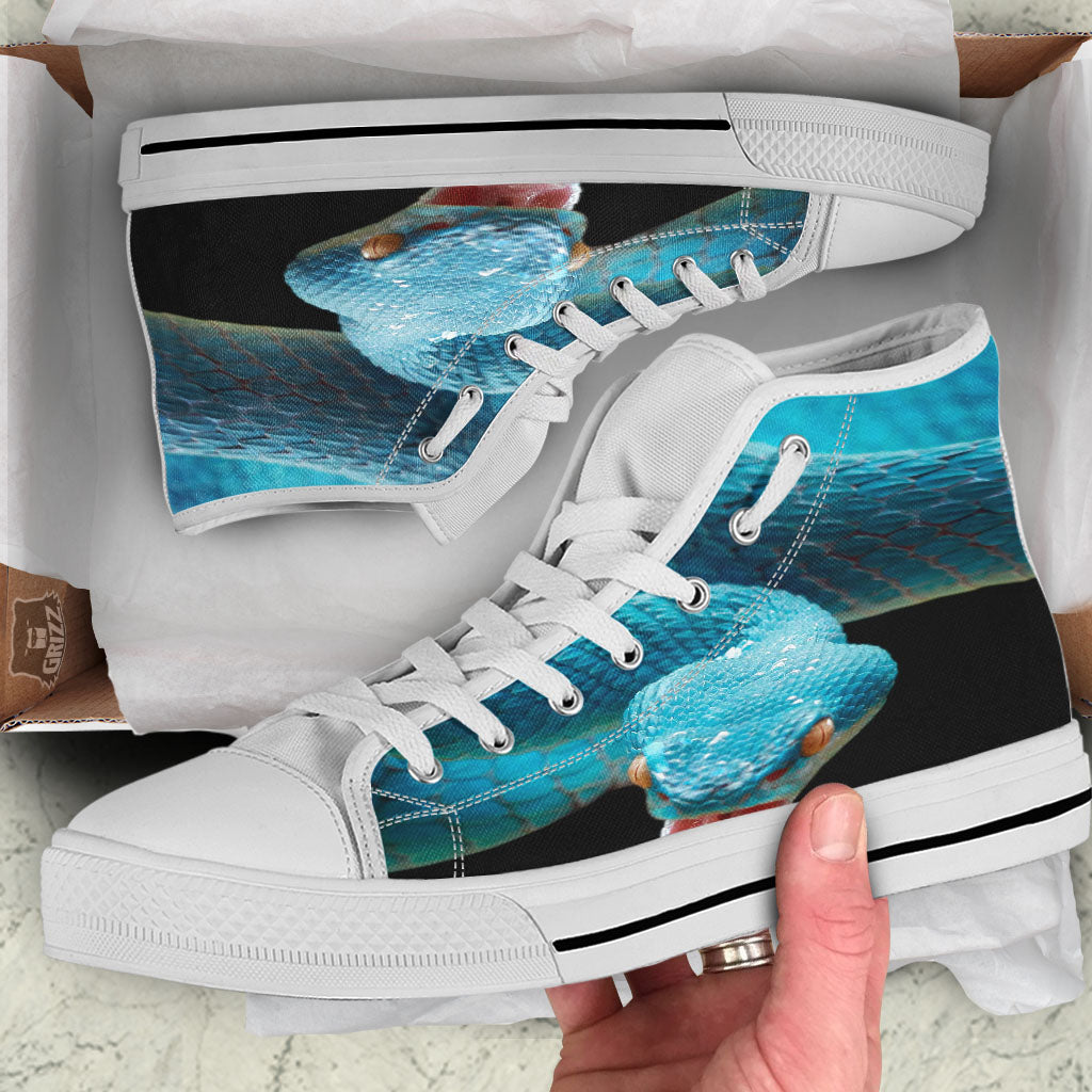 Blue Scary Viper Snake Print White High Top Shoes-grizzshop