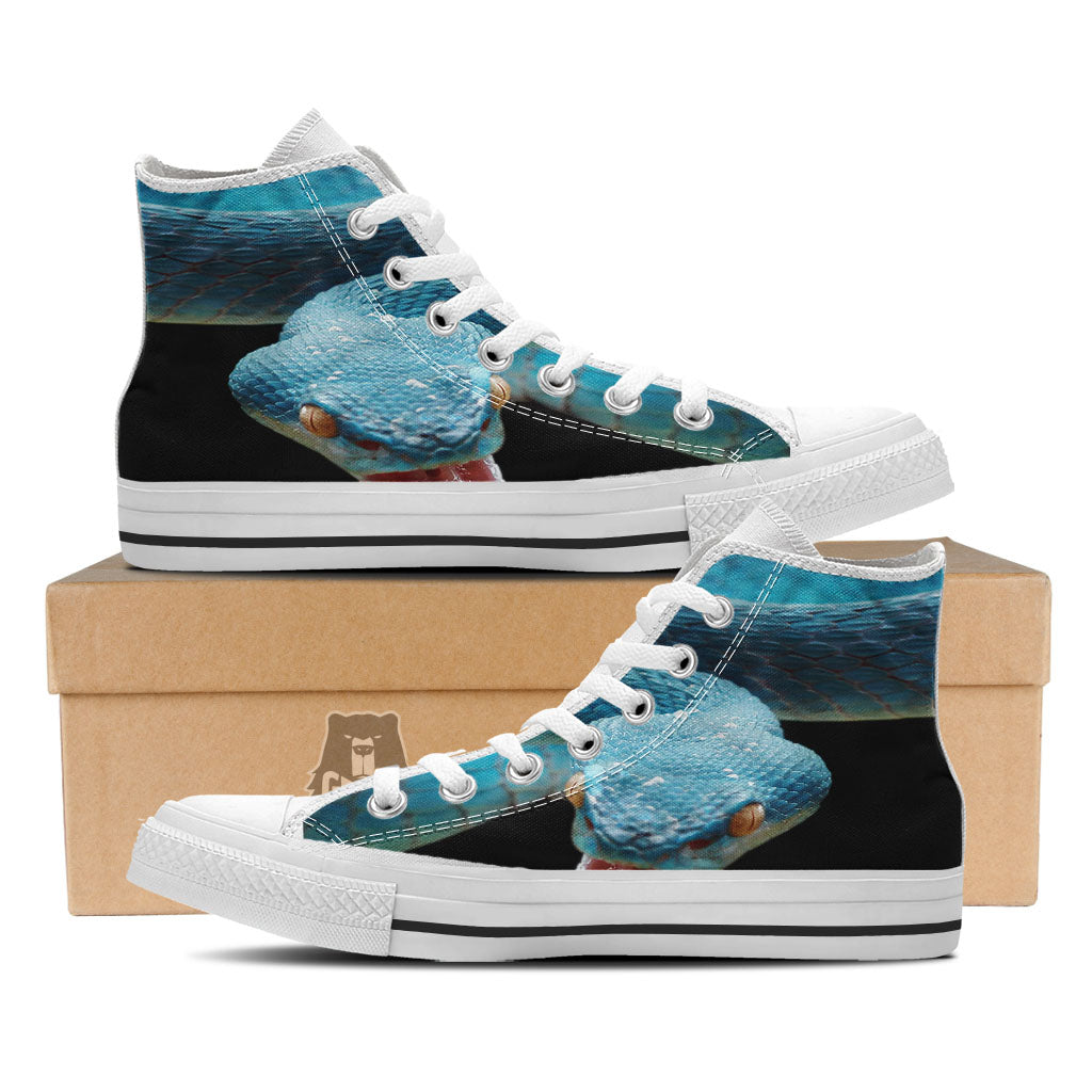 Blue Scary Viper Snake Print White High Top Shoes-grizzshop