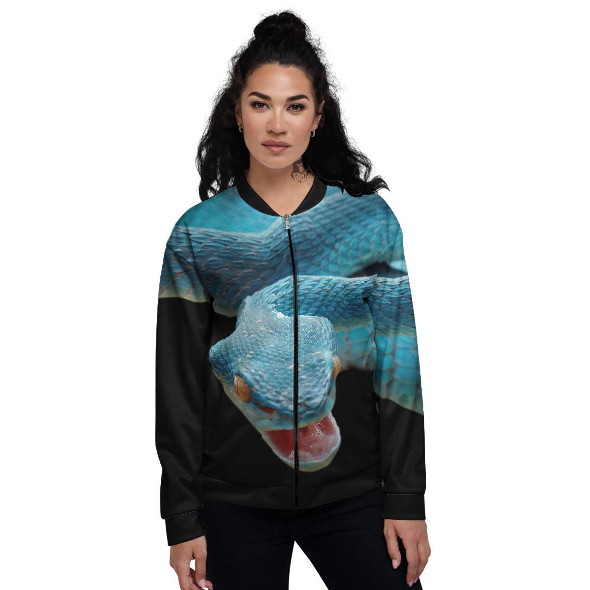 Blue Scary Viper Snake Print Women's Bomber Jacket-grizzshop