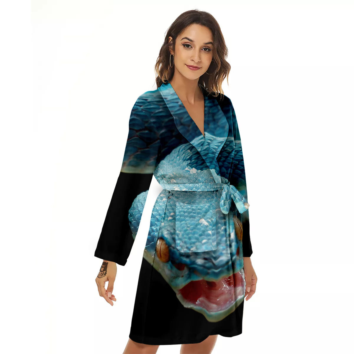 Blue Scary Viper Snake Print Women's Robe-grizzshop