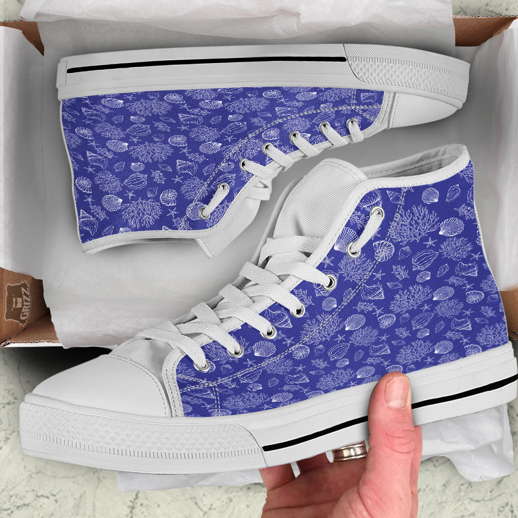 Blue Sea Corals Print Pattern White High Top Shoes-grizzshop