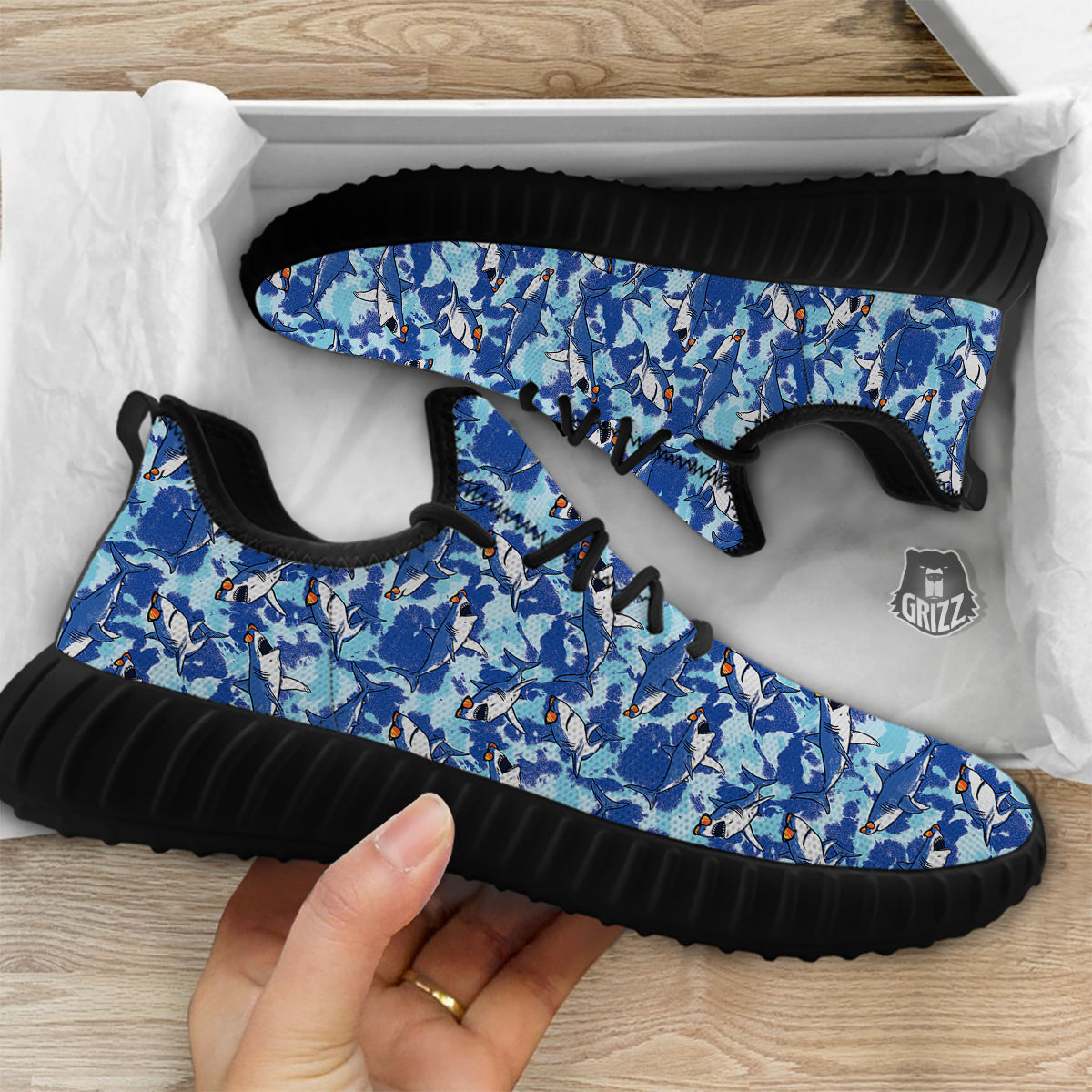 Blue Shark Print Pattern Black Walking Shoes-grizzshop