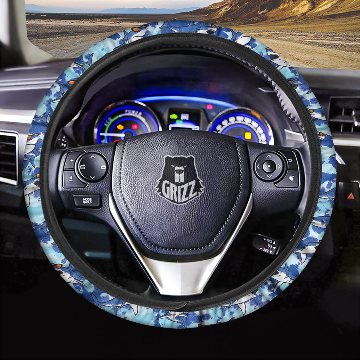 Blue Shark Print Pattern Car Steering Wheel Cover-grizzshop