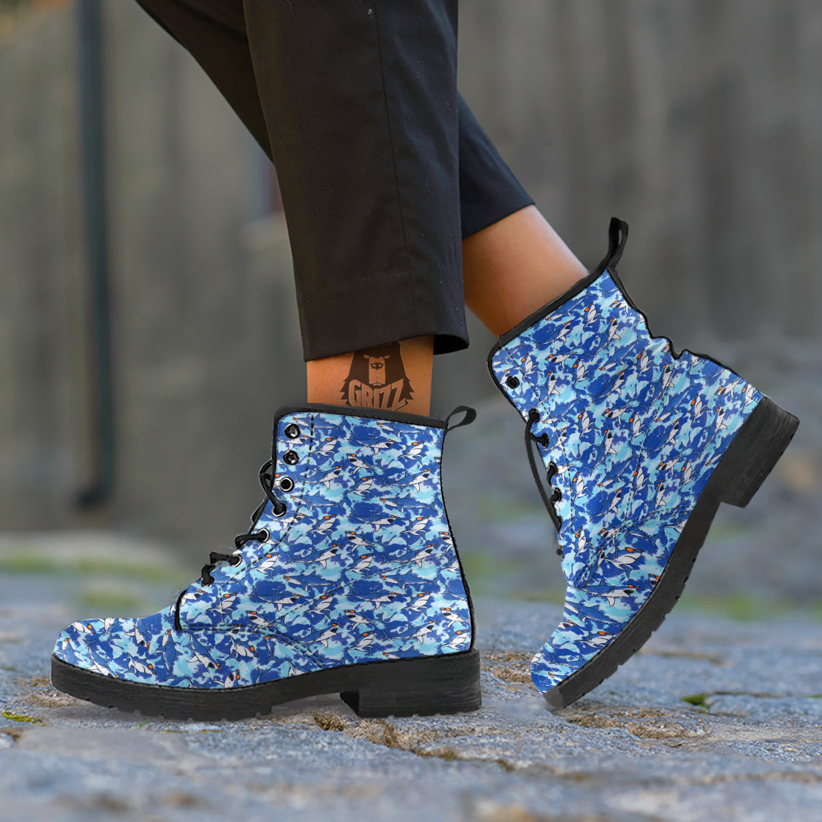 Blue Shark Print Pattern Leather Boots-grizzshop
