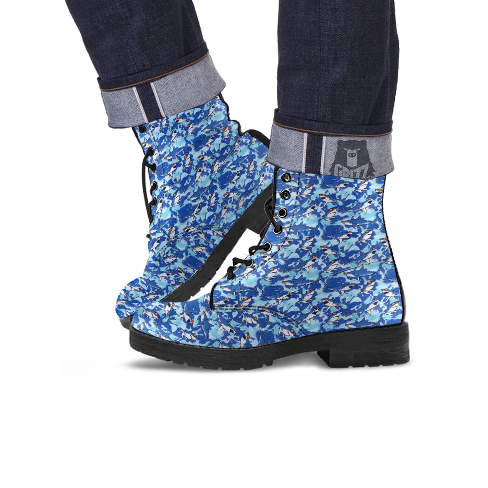 Blue Shark Print Pattern Leather Boots-grizzshop