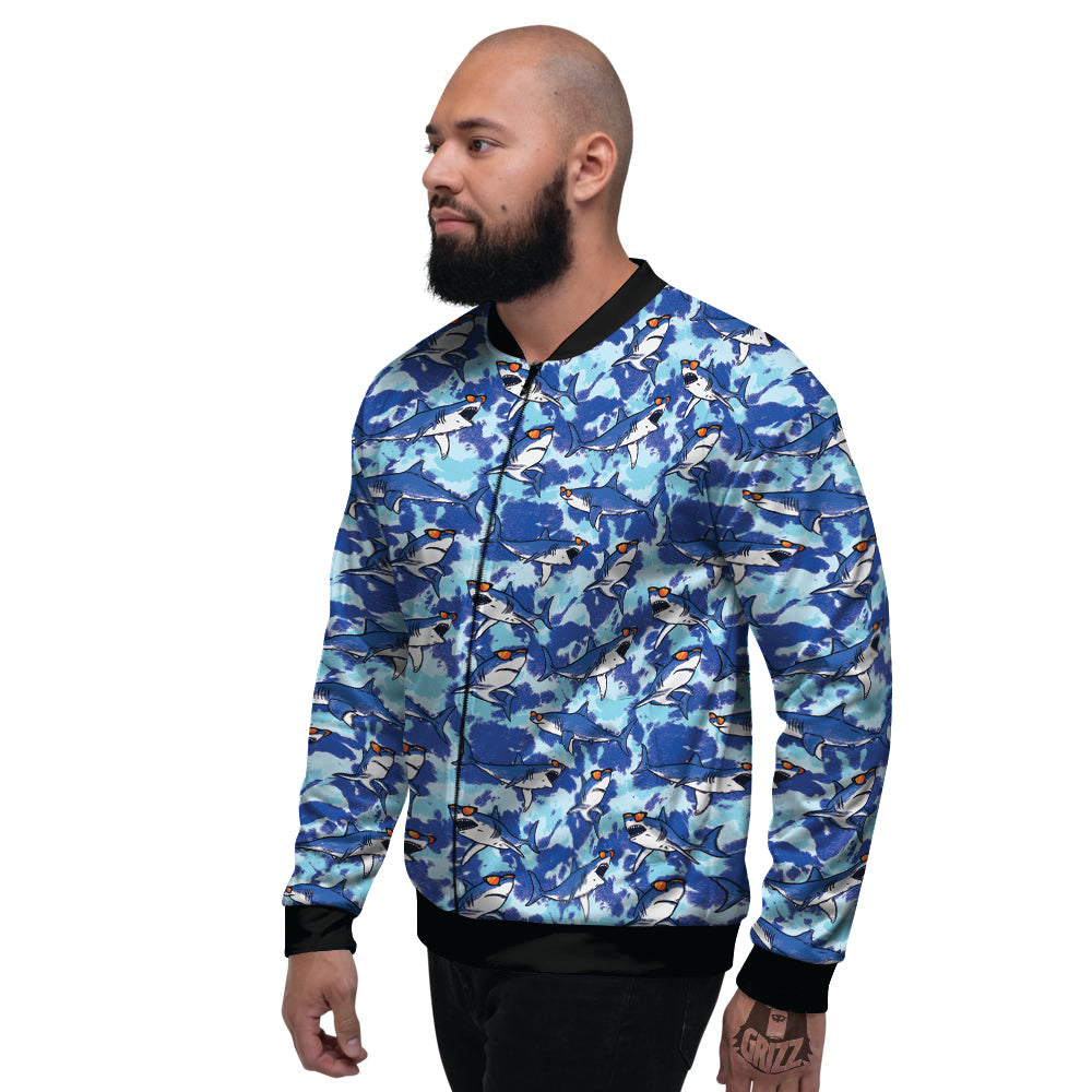 Blue Shark Print Pattern Men's Bomber Jacket-grizzshop