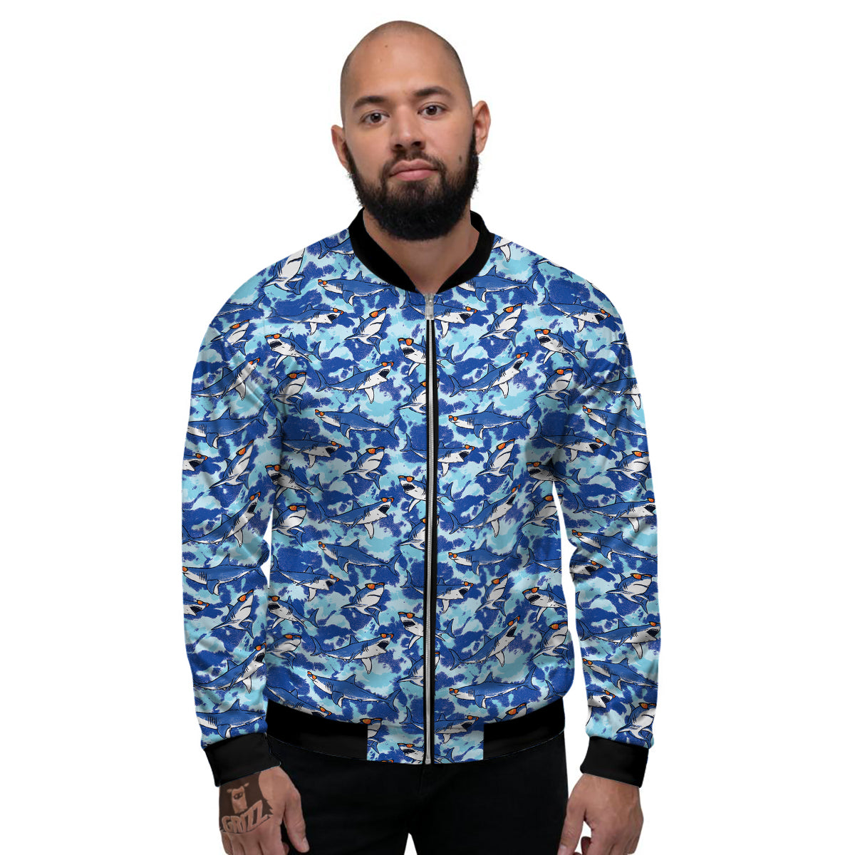 Blue Shark Print Pattern Men's Bomber Jacket-grizzshop