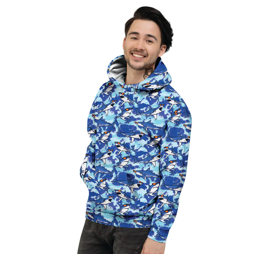 Blue Shark Print Pattern Men's Hoodie-grizzshop