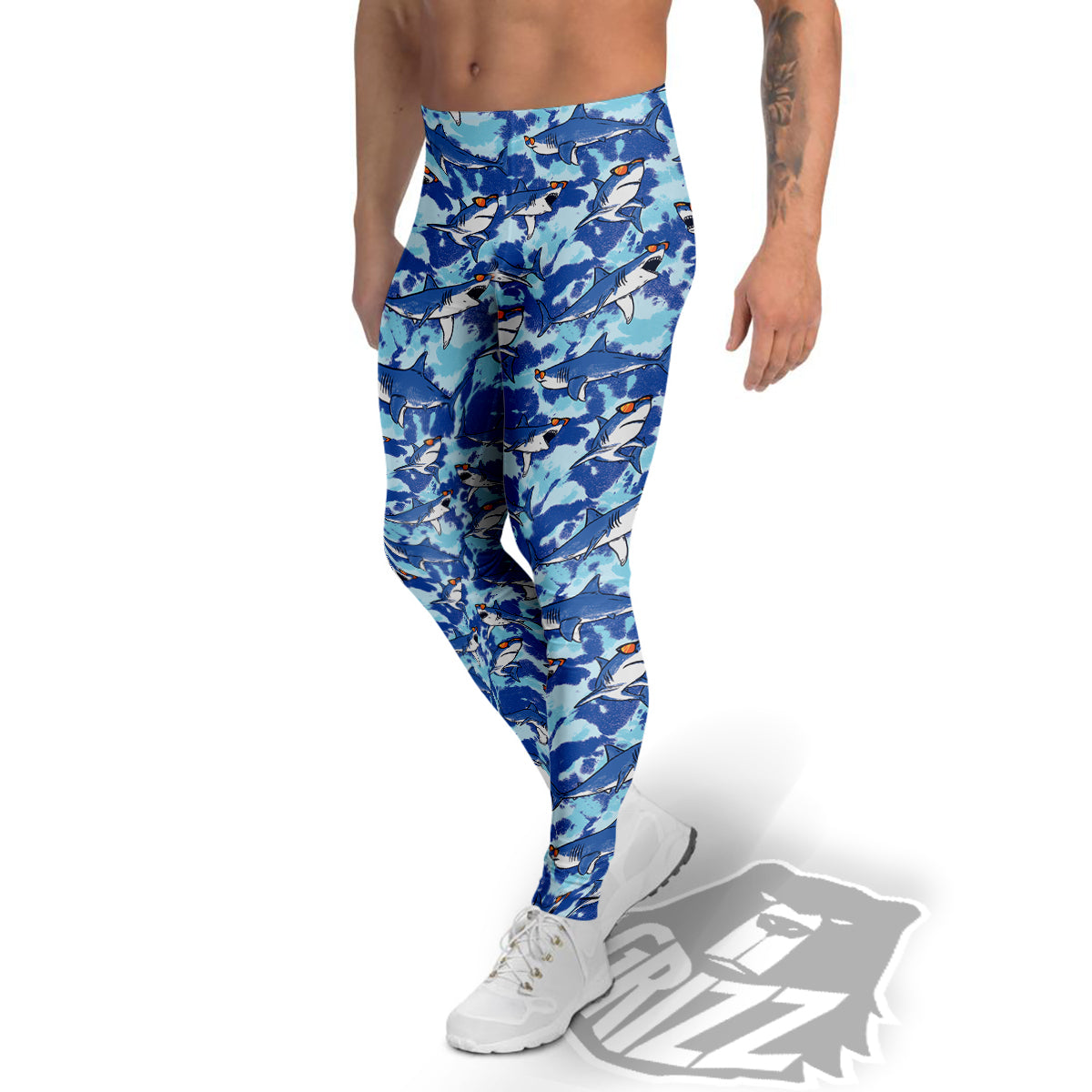 Blue Shark Print Pattern Men's Leggings-grizzshop