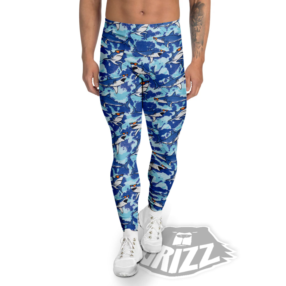 Blue Shark Print Pattern Men's Leggings-grizzshop