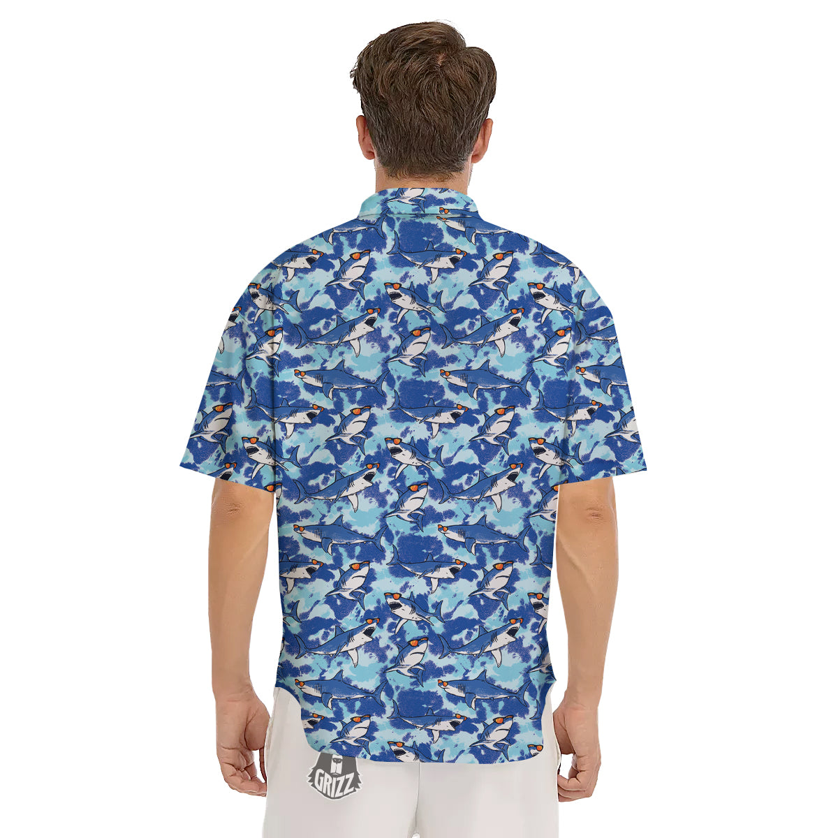 Blue Shark Print Pattern Men's Short Sleeve Shirts-grizzshop