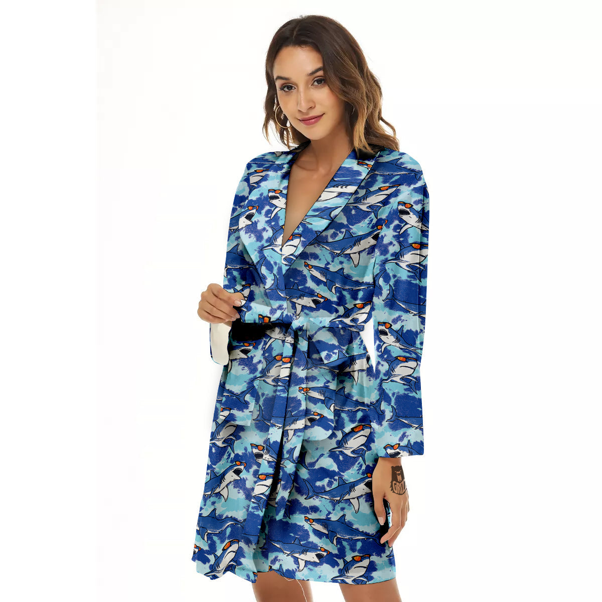 Blue Shark Print Pattern Women's Robe-grizzshop