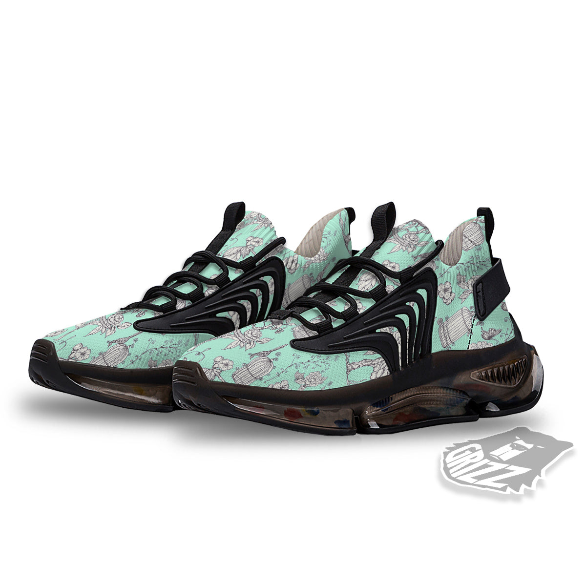 Blue Sky White Chinoiserie Print Pattern Black Gym Shoes-grizzshop