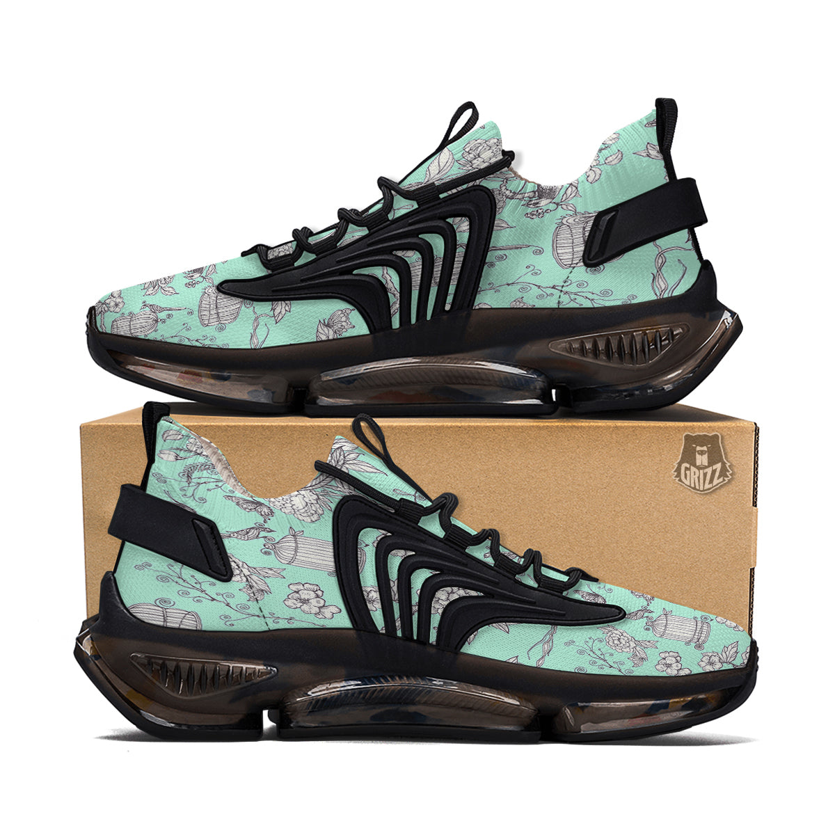 Blue Sky White Chinoiserie Print Pattern Black Gym Shoes-grizzshop
