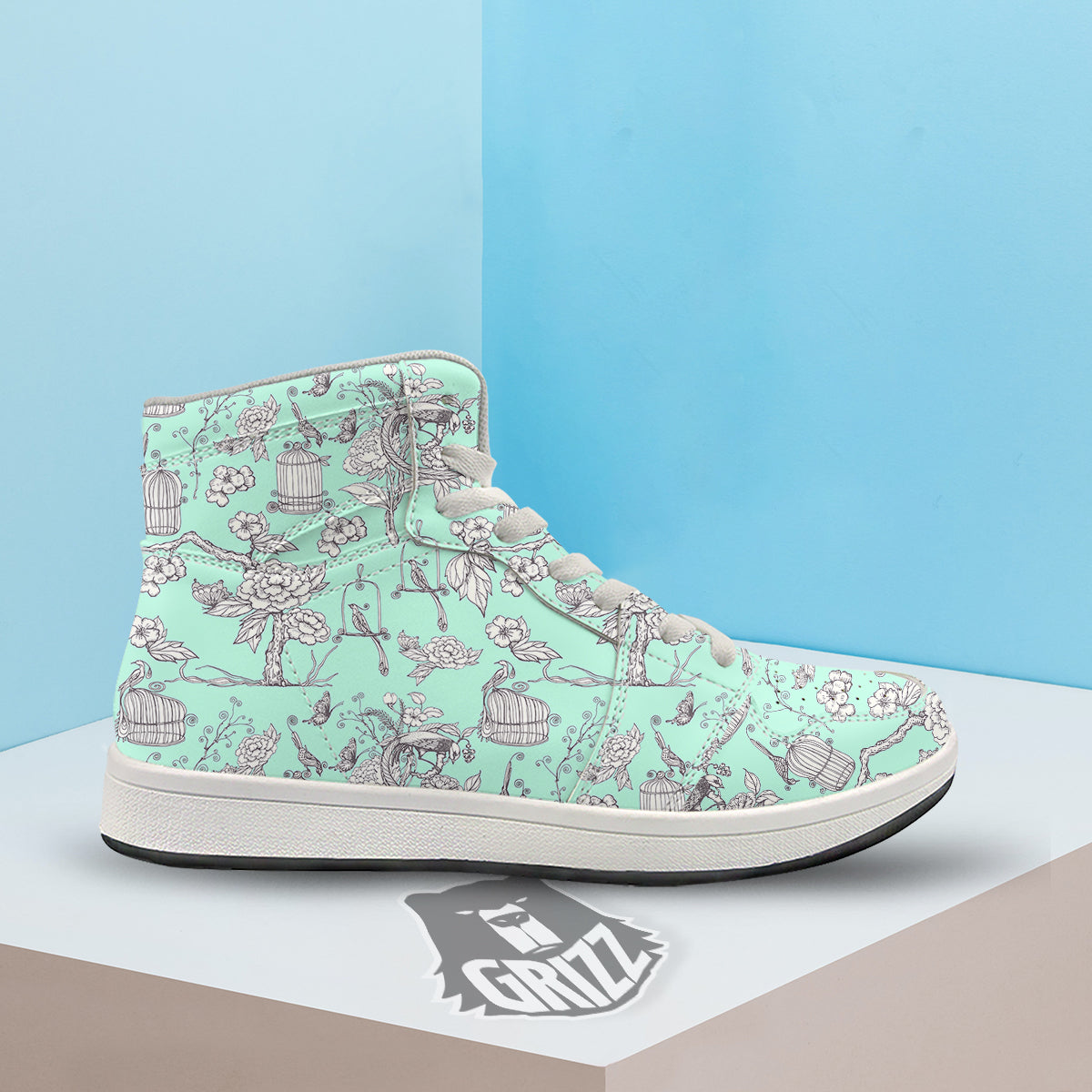 Blue Sky White Chinoiserie Print Pattern High Top Sneakers-grizzshop