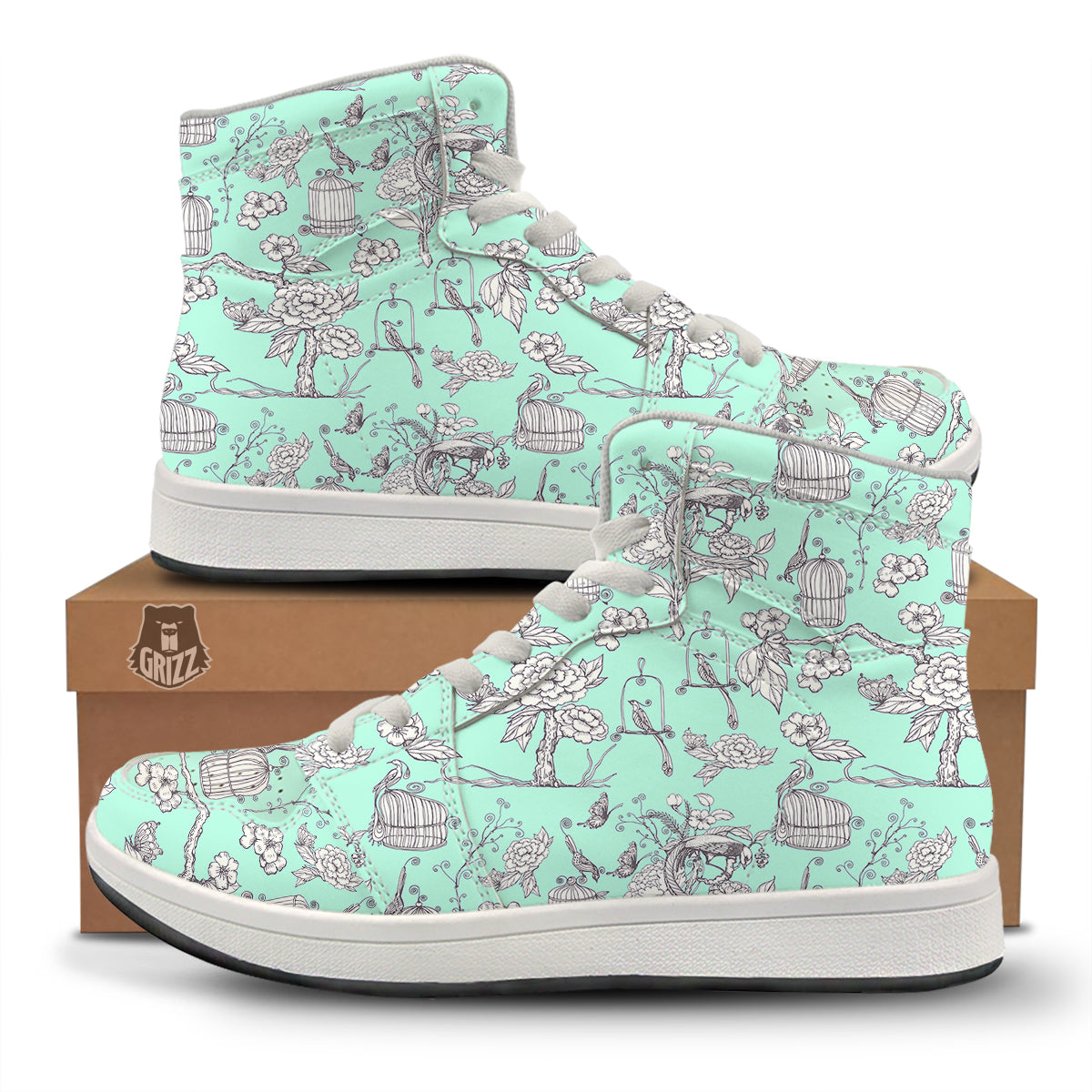 Blue Sky White Chinoiserie Print Pattern High Top Sneakers-grizzshop