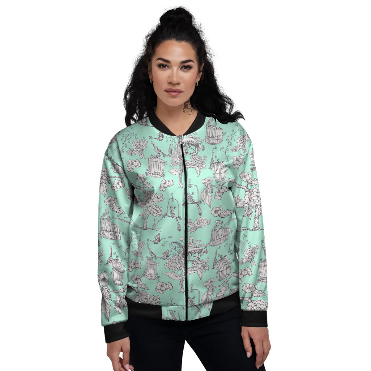 Blue Sky White Chinoiserie Print Pattern Women's Bomber Jacket-grizzshop