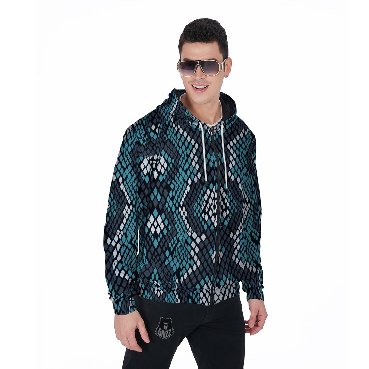 Blue Snakeskin Men's Zip Up Hoodie-grizzshop