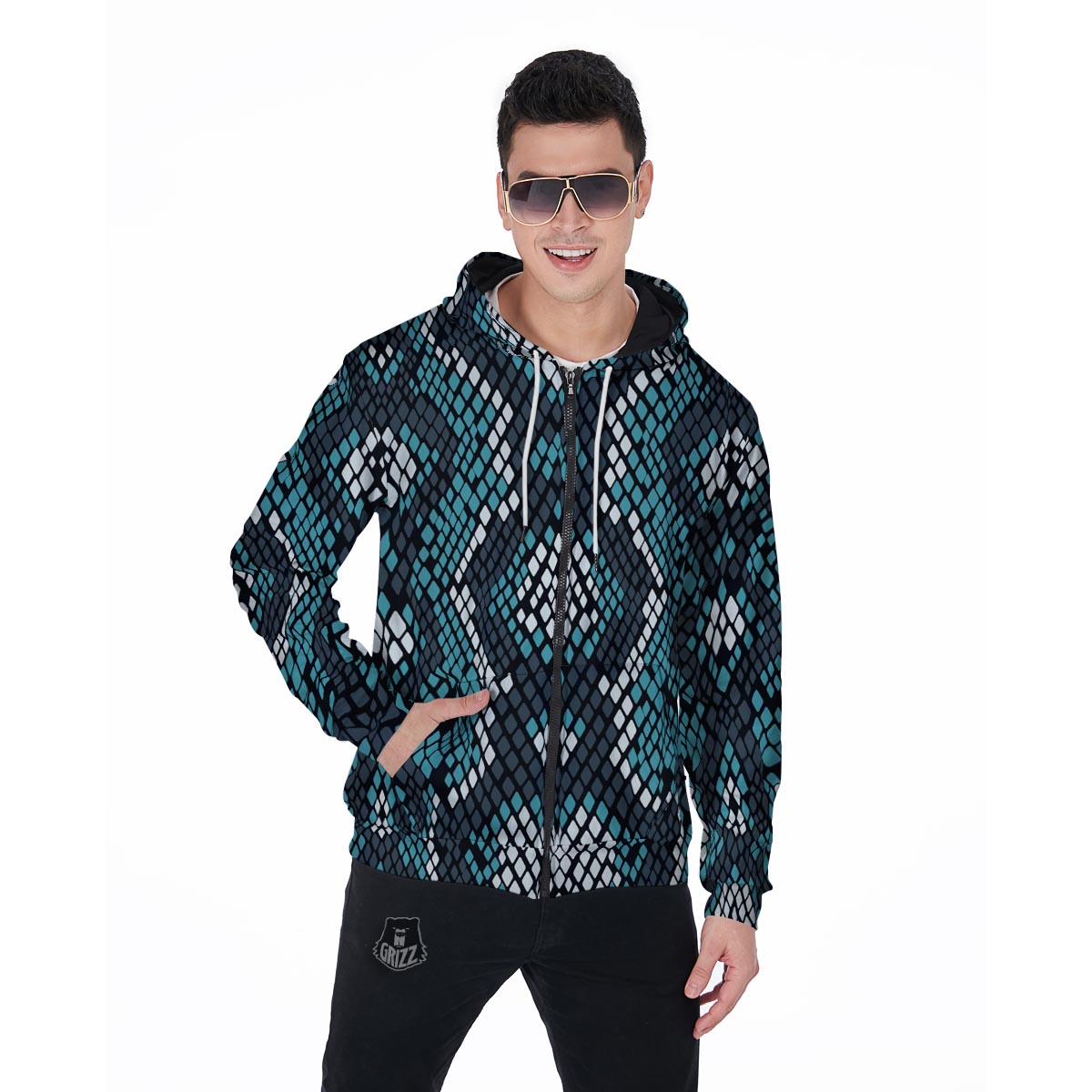 Blue Snakeskin Men's Zip Up Hoodie-grizzshop