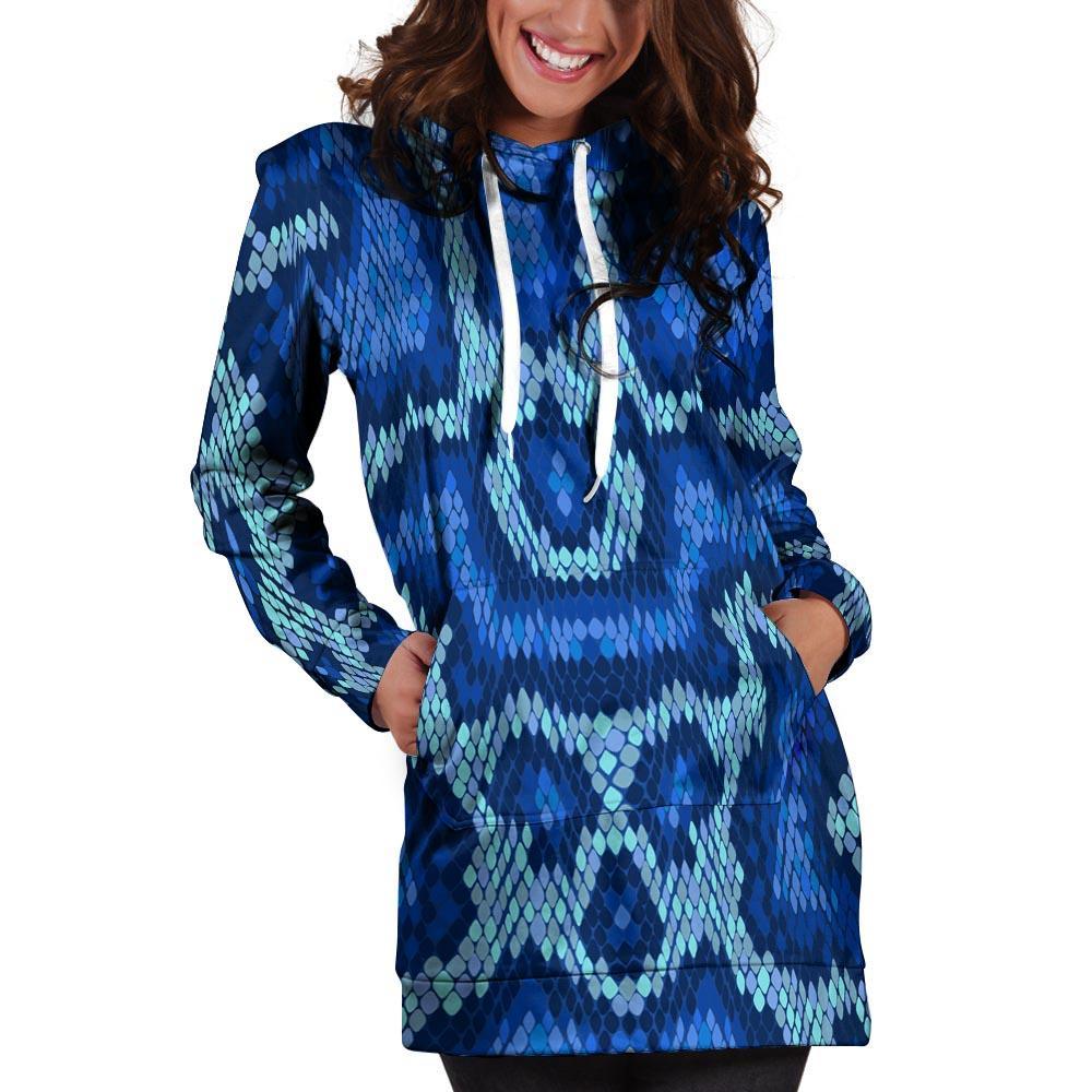 Blue Snakeskin Print Hoodie Dress-grizzshop