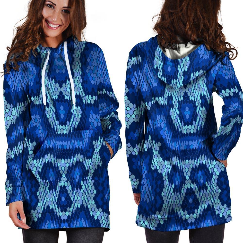 Blue Snakeskin Print Hoodie Dress-grizzshop