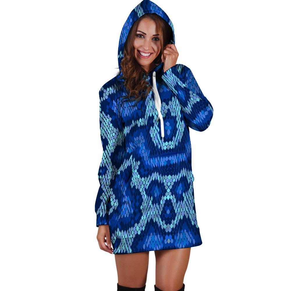 Blue Snakeskin Print Hoodie Dress-grizzshop