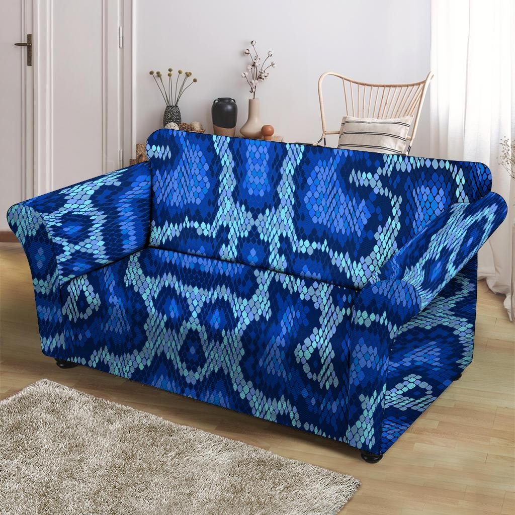 Blue Snakeskin Print Loveseat Cover-grizzshop