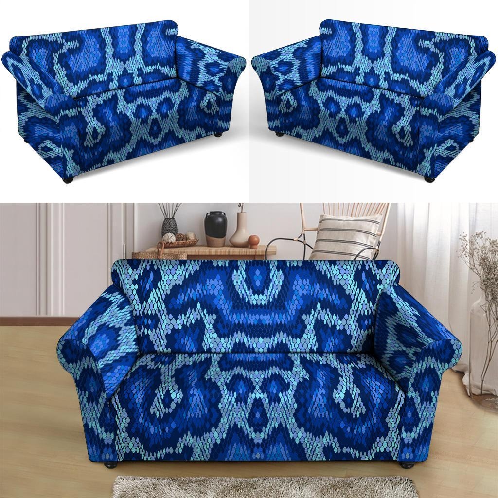 Blue Snakeskin Print Loveseat Cover-grizzshop