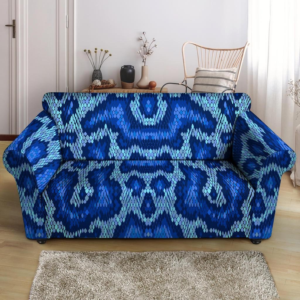 Blue Snakeskin Print Loveseat Cover-grizzshop