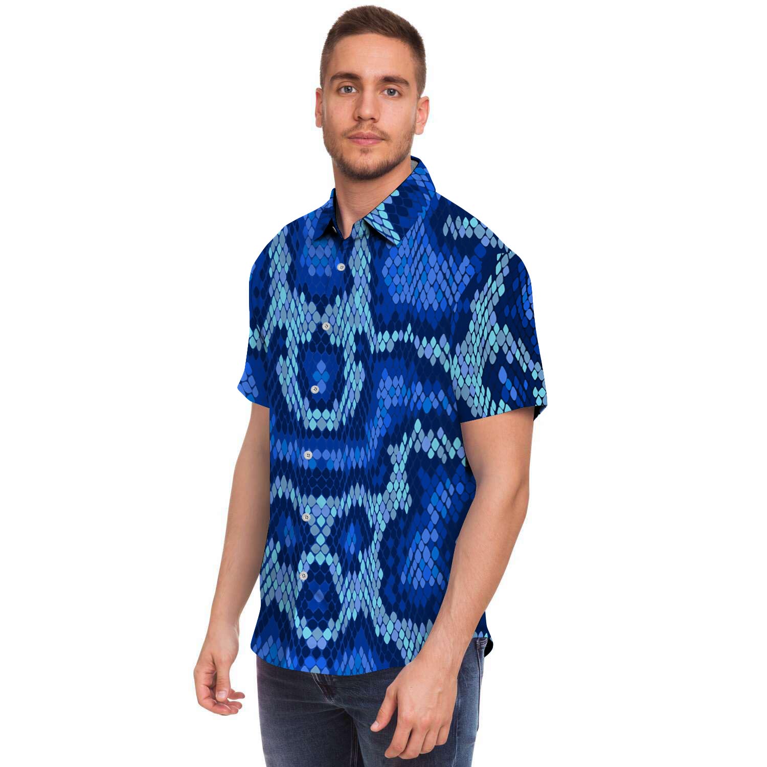 Blue Snakeskin Print Men's Short Sleeve Shirt-grizzshop