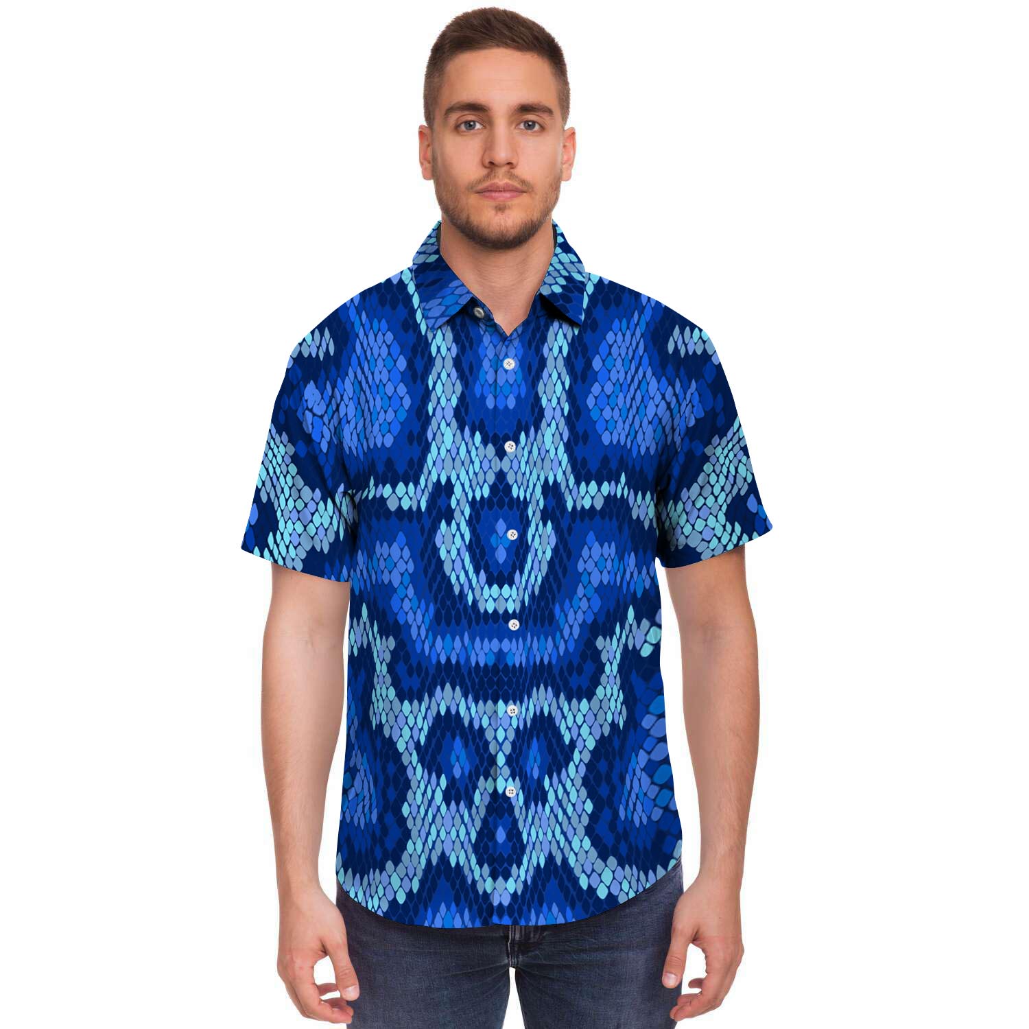 Blue Snakeskin Print Men's Short Sleeve Shirt-grizzshop