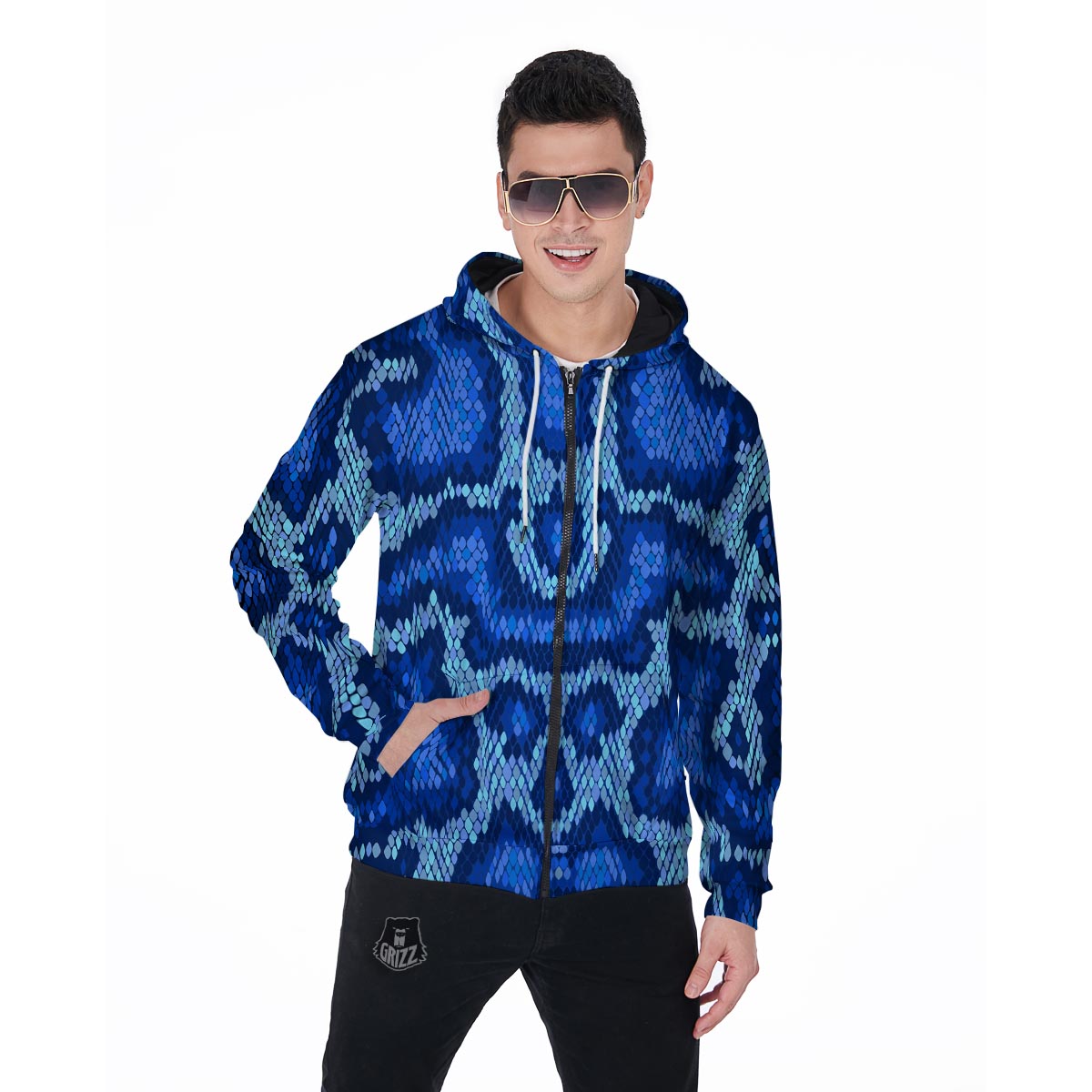 Blue Snakeskin Print Men's Zip Up Hoodie-grizzshop