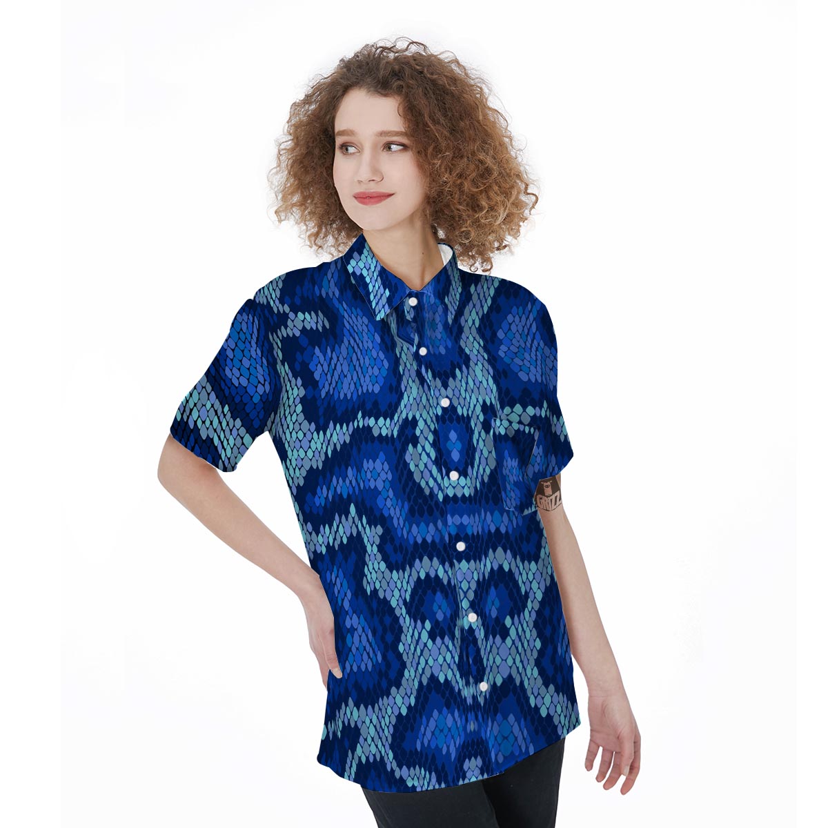 Blue Snakeskin Print Women's Short Sleeve Shirts-grizzshop