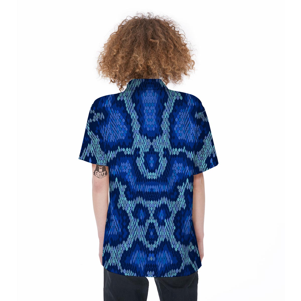 Blue Snakeskin Print Women's Short Sleeve Shirts-grizzshop