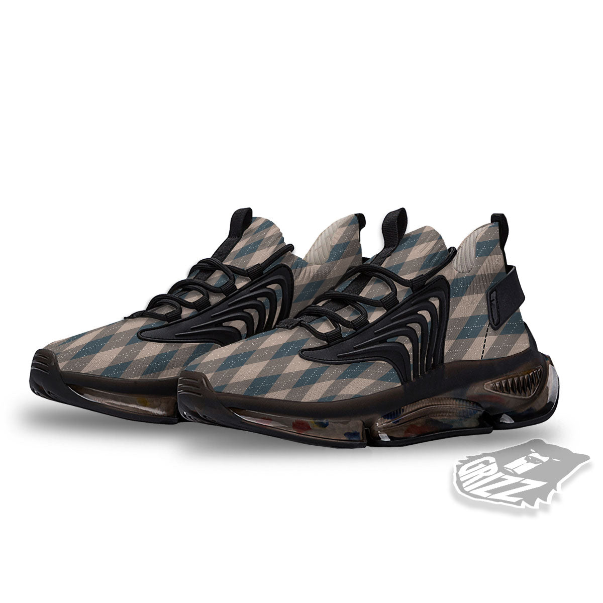 Blue Spruce And Beige Argyle Print Pattern Black Gym Shoes-grizzshop
