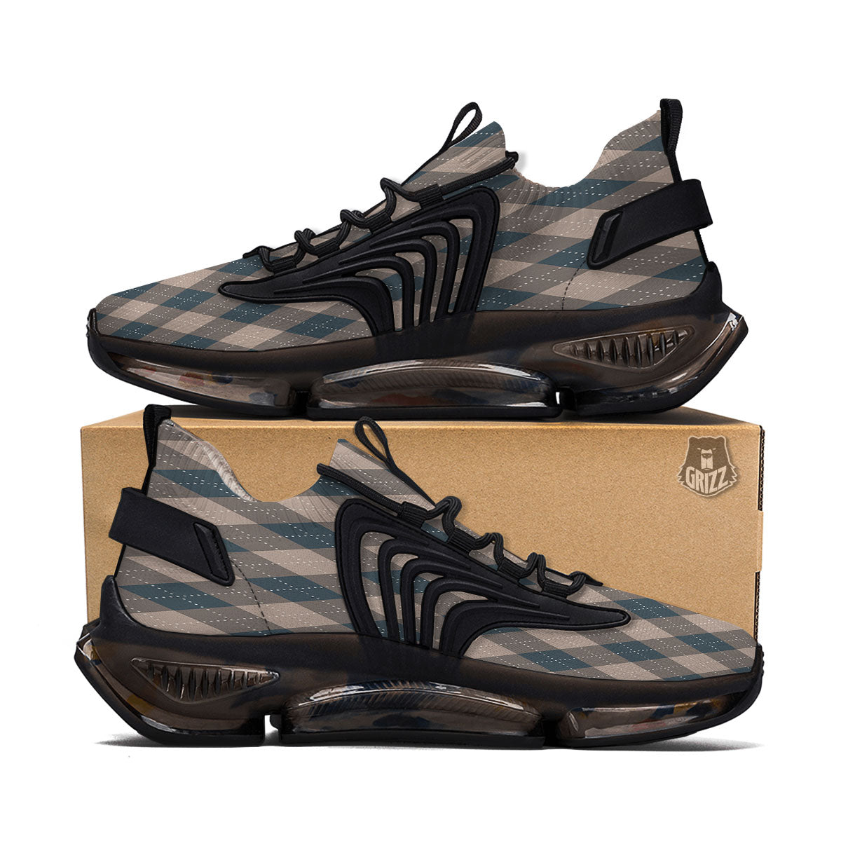Blue Spruce And Beige Argyle Print Pattern Black Gym Shoes-grizzshop