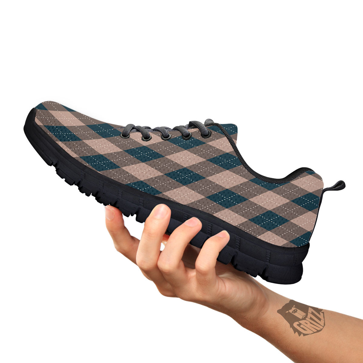 Blue Spruce And Beige Argyle Print Pattern Black Sneaker-grizzshop