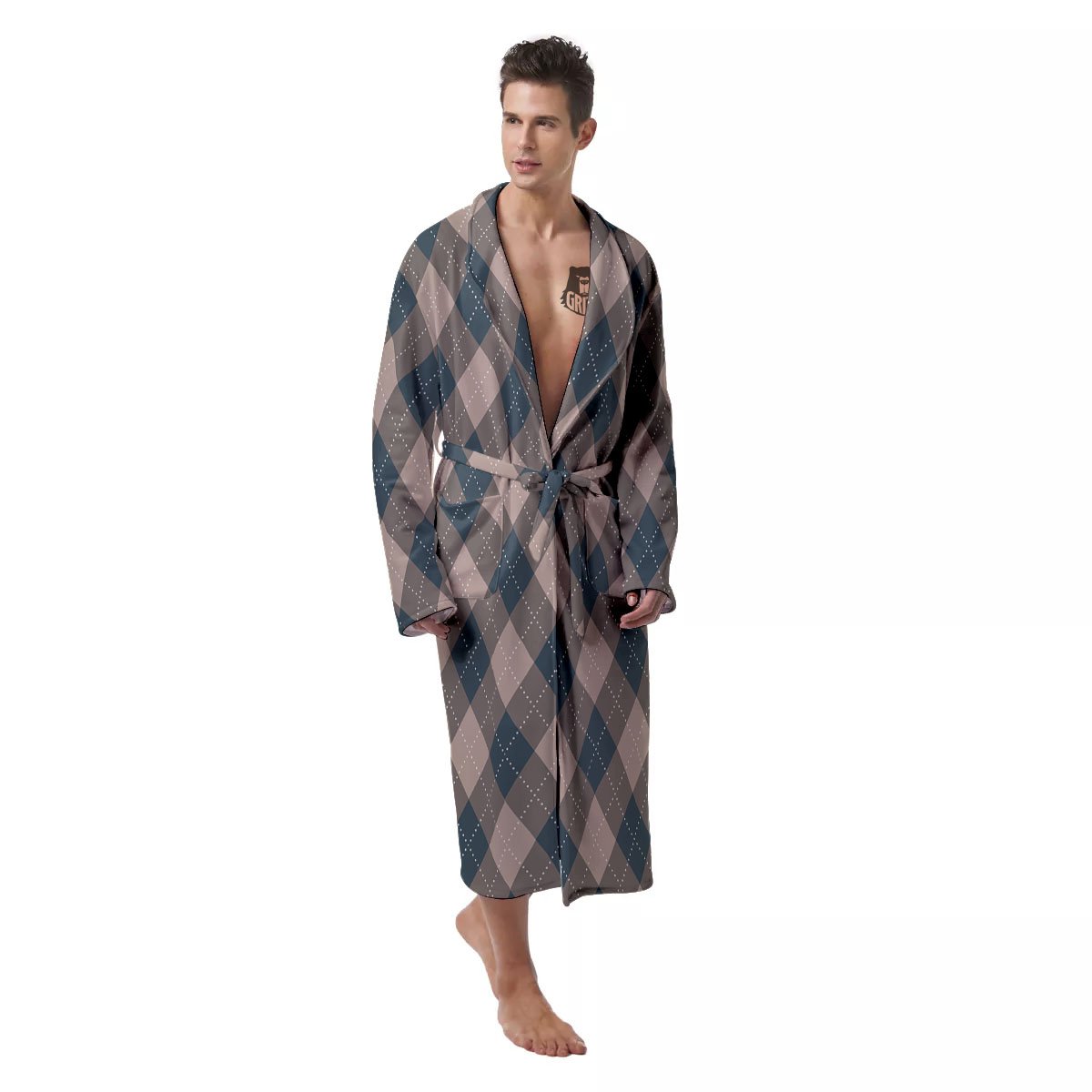 Blue Spruce And Beige Argyle Print Pattern Men's Robe-grizzshop