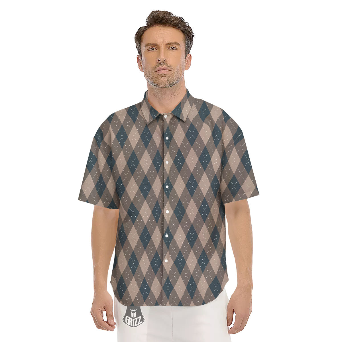 Blue Spruce And Beige Argyle Print Pattern Men's Short Sleeve Shirts-grizzshop