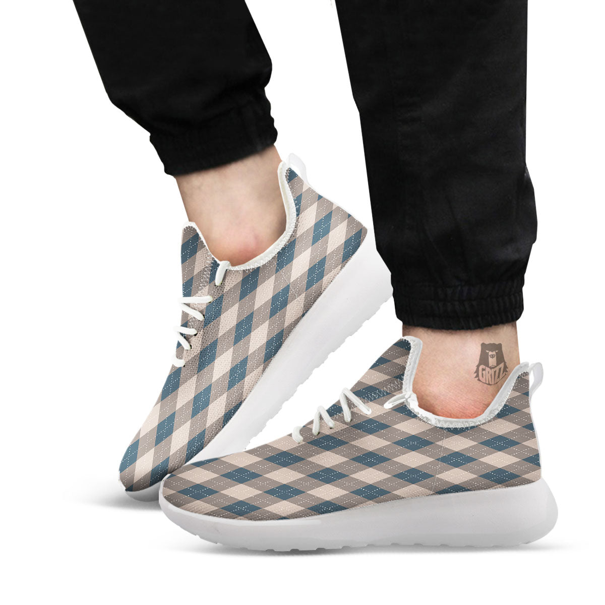 Blue Spruce And Beige Argyle Print Pattern White Athletic Shoes-grizzshop