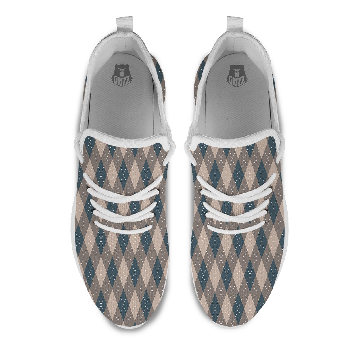 Blue Spruce And Beige Argyle Print Pattern White Athletic Shoes-grizzshop