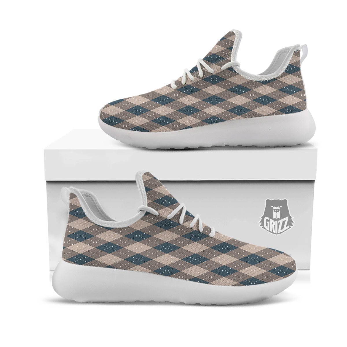 Blue Spruce And Beige Argyle Print Pattern White Athletic Shoes-grizzshop