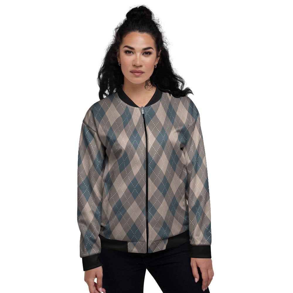 Blue Spruce And Beige Argyle Print Pattern Women's Bomber Jacket-grizzshop