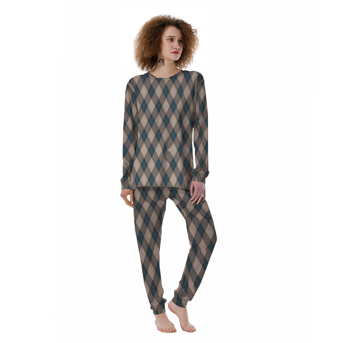 Blue Spruce And Beige Argyle Print Pattern Women's Pajamas-grizzshop