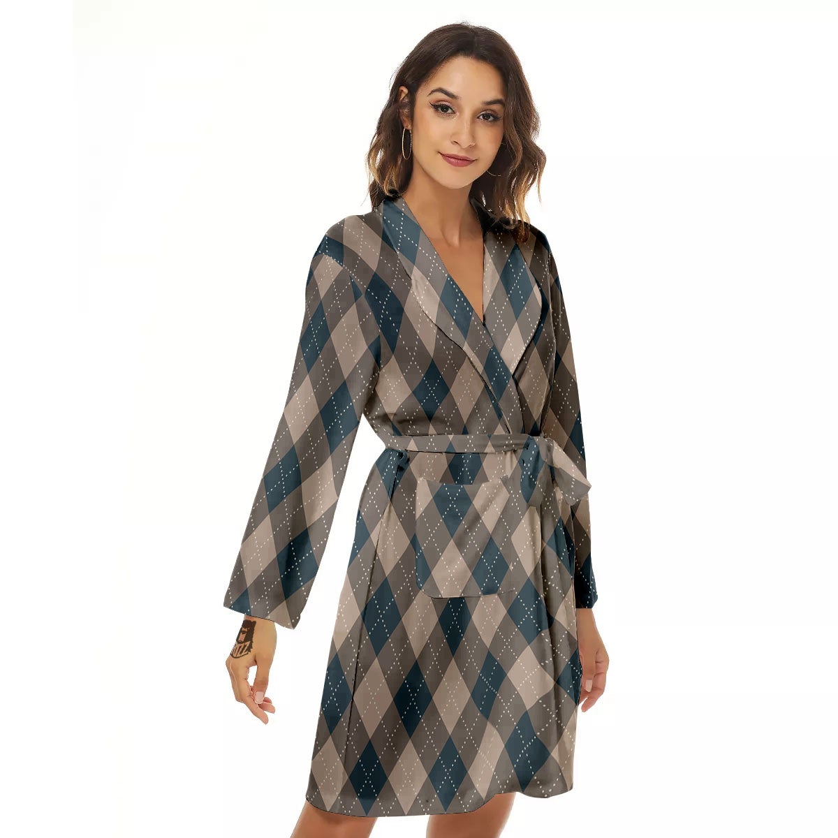 Blue Spruce And Beige Argyle Print Pattern Women's Robe-grizzshop