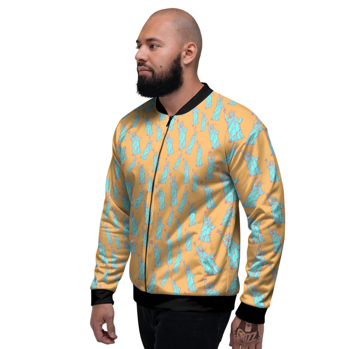 Blue Statue Of Liberty Print Pattern Men's Bomber Jacket-grizzshop