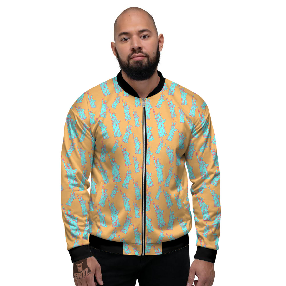 Blue Statue Of Liberty Print Pattern Men's Bomber Jacket-grizzshop